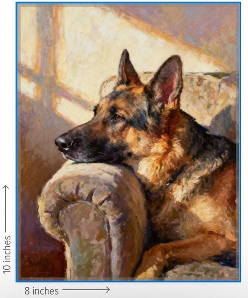 May include: An oil painting of a German Shepherd dog resting its head on the arm of a chair. The dog has black and tan fur and is looking to the left. The artwork measures 8 inches by 10 inches as indicated by the visible measurement markers.