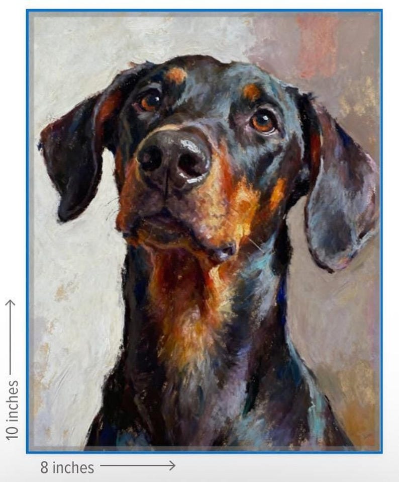 K&ouml;nnte beinhalten: Ein &Ouml;lgem&auml;lde auf Leinwand, das einen Dobermann mit schwarzem und lohfarbenem Fell zeigt. Der Hund ist vom Brustbereich aufw&auml;rts dargestellt und blickt mit braunen Augen nach oben. Das Kunstwerk misst 20,32 cm in der Breite und 25,4 cm in der H&ouml;he.