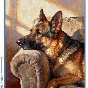 May include: An oil painting of a German Shepherd dog resting its head on the arm of a chair. The dog has black and tan fur. The artwork measures 20 inches in height and 16 inches in width, as indicated by the text and arrows on the image.