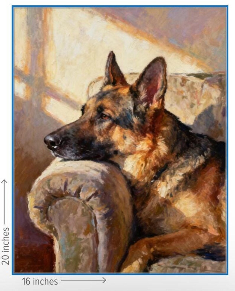 May include: An oil painting of a German Shepherd dog resting its head on the arm of a chair. The dog has black and tan fur. The artwork measures 20 inches in height and 16 inches in width, as indicated by the text and arrows on the image.
