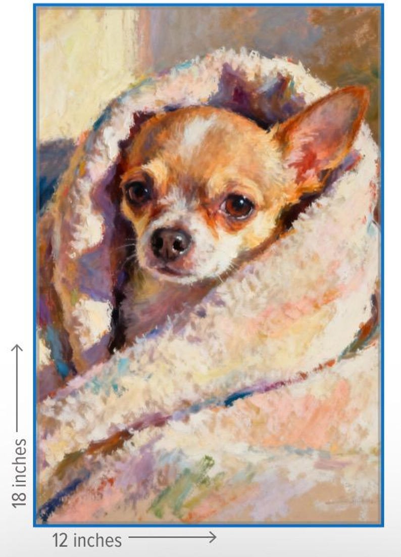 K&ouml;nnte beinhalten: &Ouml;lgem&auml;lde eines Chihuahuas, eingeh&uuml;llt in eine weiche, strukturierte Decke. Der Hund hat braunes und wei&szlig;es Fell und dunkle Augen. Das Kunstwerk ist 45,7 cm hoch und 30,5 cm breit.