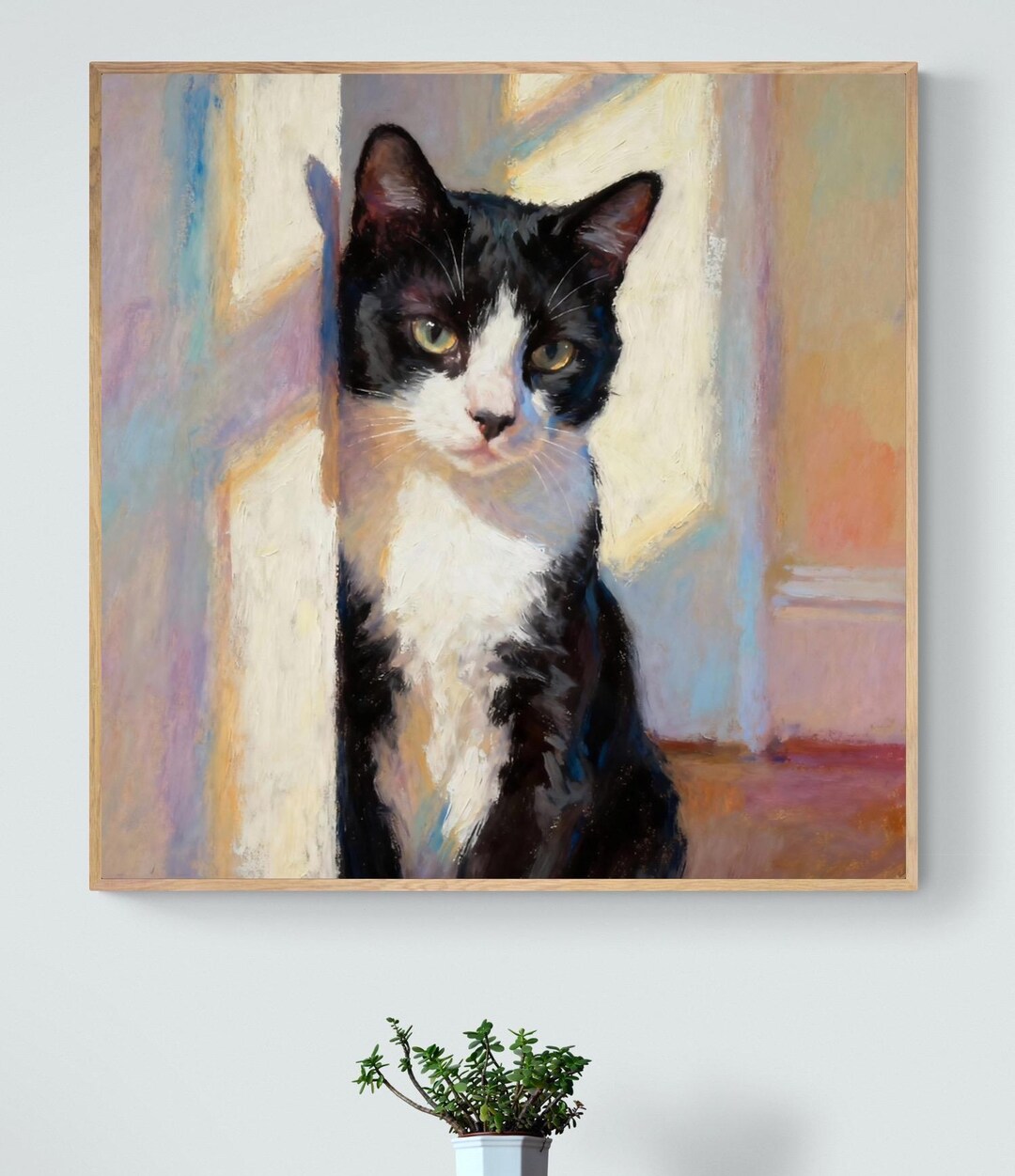 Tuxedo Cat Art Print – Oil Pastel Portrait, Framed or Canvas Wall Decor ...
