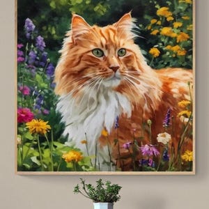 Orange Cat In a Garden Fine Art Print | Oil Painting | Wall Decor | Gifts for Cat Lovers