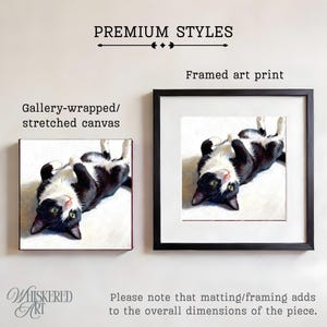 Two art pieces: a gallery-wrapped canvas and a framed print, both showing a black and white tuxedo cat lying on its back with green eyes.