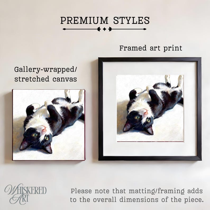 Two art pieces: a gallery-wrapped canvas and a framed print, both showing a black and white tuxedo cat lying on its back with green eyes.