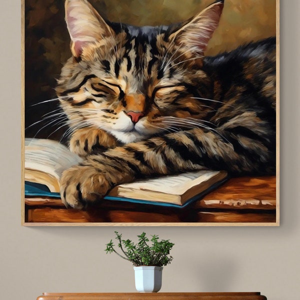 Tabby Cat Sleeping Fine Art Print | Oil Painting | Wall Decor | Gifts for Cat Lovers | Antique Vintage Style