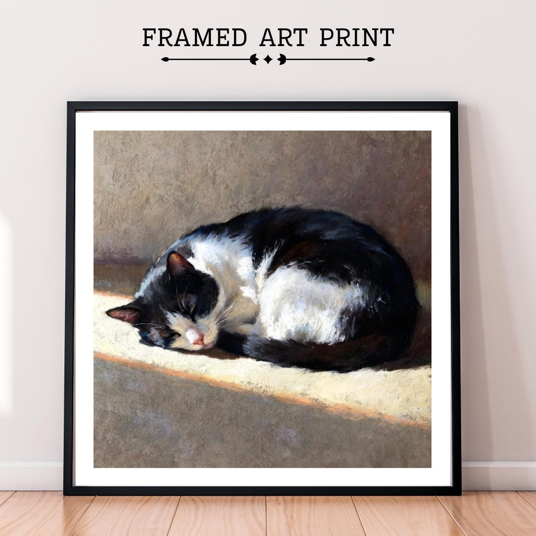 Sleeping Tuxedo Cat Art Print - Oil Pastel Portrait, Framed or Canvas ...