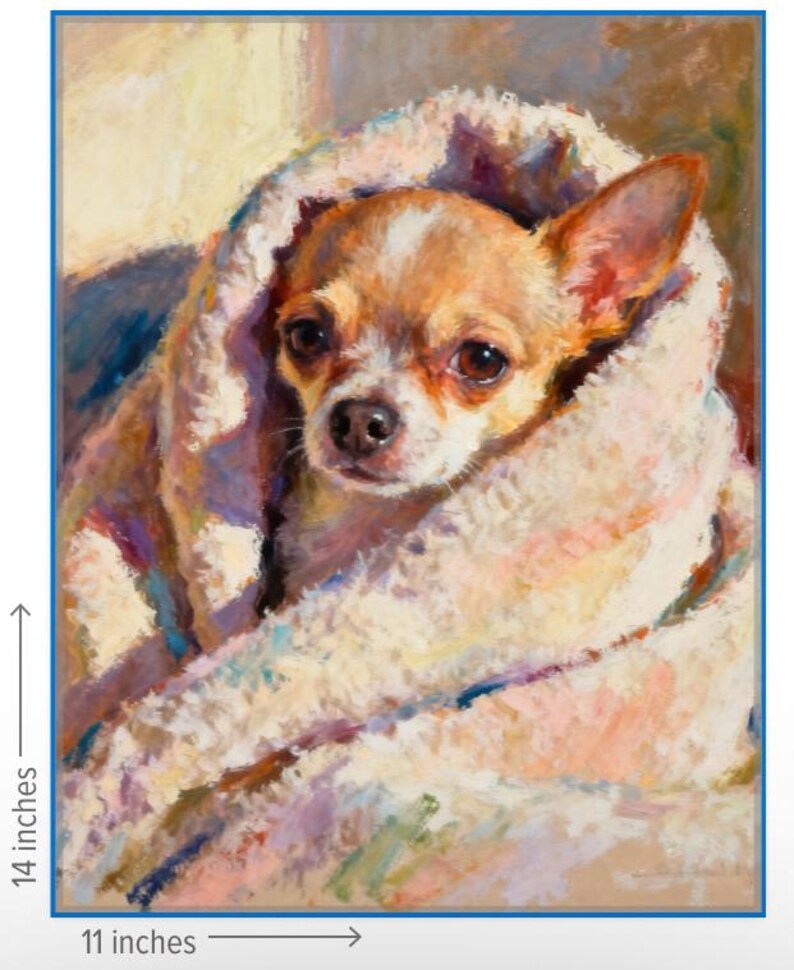K&ouml;nnte beinhalten: Gerahmtes Gem&auml;lde eines Chihuahuas, eingeh&uuml;llt in eine weiche, pastellfarbene Decke. Das Kunstwerk ist 35,5 cm hoch und 28 cm breit, wobei die braunen Augen und Ohren des Hundes sichtbar sind. Das Gem&auml;lde wirkt warm und einladend.