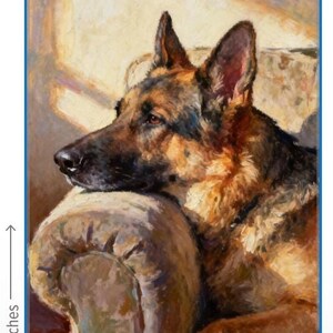 May include: An oil painting of a German Shepherd dog resting its head on the arm of a chair. The dog has black and tan fur. The artwork measures 12 inches by 18 inches as indicated by the text and arrows on the side and bottom of the image.