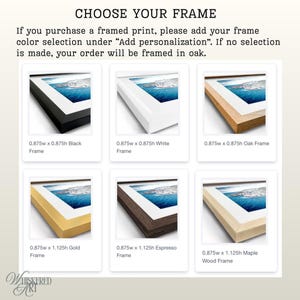 May include: A selection of six picture frames in black, white, oak, gold, espresso, and maple wood finishes. Each frame features a white mat and a coastal print. The frames measure 0.875 inches wide, with heights of 0.875 or 1.125 inches.