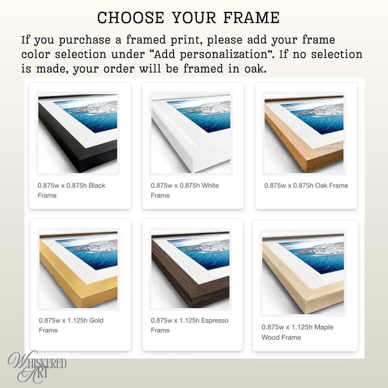 May include: A selection of six picture frames in black, white, oak, gold, espresso, and maple wood finishes. Each frame features a white mat and a coastal print. The frames measure 0.875 inches wide, with heights of 0.875 or 1.125 inches.