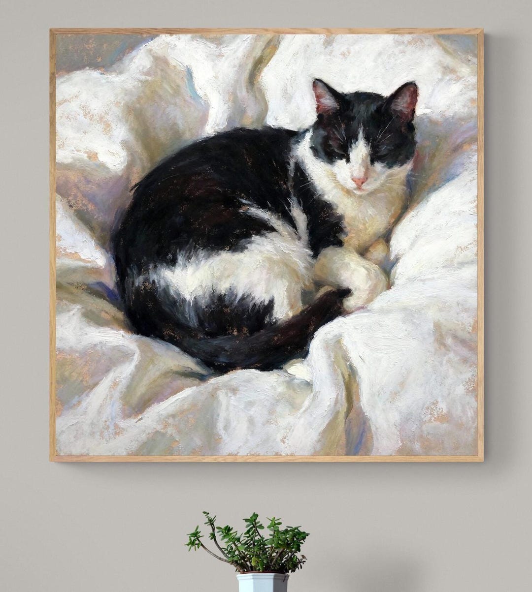 Sleeping Tuxedo Cat Art Print - Oil Pastel Portrait, Framed or Canvas ...