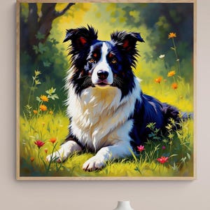 Impressão artística de Border Collie: Pintura de prado de flores silvestres, moldura opcional