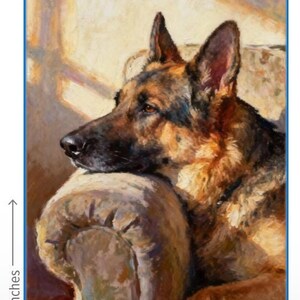May include: An oil painting of a German Shepherd dog resting its head on the arm of a chair. The dog has black and tan fur and is looking to the left. The artwork measures 20 inches by 30 inches as indicated by the visible measurement markings.