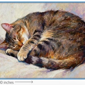 May include: A rectangular painting of a brown tabby cat curled into a ball while sleeping. The artwork features visible brushstrokes in shades of brown, black, and tan. A measuring graphic indicates the print measures 8 inches by 10 inches.