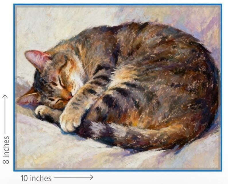 May include: A rectangular painting of a brown tabby cat curled into a ball while sleeping. The artwork features visible brushstrokes in shades of brown, black, and tan. A measuring graphic indicates the print measures 8 inches by 10 inches.