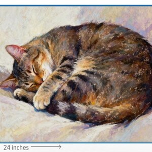 May include: An oil painting of a brown and black tabby cat curled up while sleeping. The cat has closed eyes and is resting on a light-colored surface. The artwork measures 20 inches in height and 24 inches in width as indicated by the labels.
