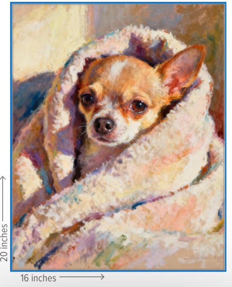 K&ouml;nnte beinhalten: Gem&auml;lde eines Chihuahua-Hundes, eingeh&uuml;llt in eine weiche Decke. Das Fell des Hundes ist eine Mischung aus Braun und Wei&szlig;, mit gro&szlig;en Augen. Die Decke ist eine Mischung aus Pastellfarben, die ein warmes Gef&uuml;hl erzeugt. Das Kunstwerk misst 50,8 cm hoch und 40,6 cm breit.