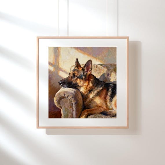 German Shepherd Art Print, Oil Pastel Portrait on Canvas or Framed