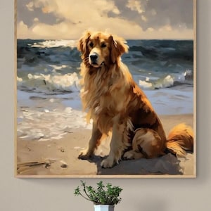Golden Retriever at the Beach Fine Art Print | Oil Painting | Wall Decor | Gift for Dog Lovers | Impressionist | Ocean Scene | Coastal Decor