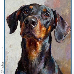 K&ouml;nnte beinhalten: Ein &Ouml;lgem&auml;lde eines Dobermanns mit schwarzem und lohfarbenem Fell, das durch sichtbare Pinselstriche und eine strukturierte Oberfl&auml;che besticht. Das Kunstwerk misst 50,8 cm in der Breite und 60,96 cm in der H&ouml;he, wie durch Text und Pfeile belegt.