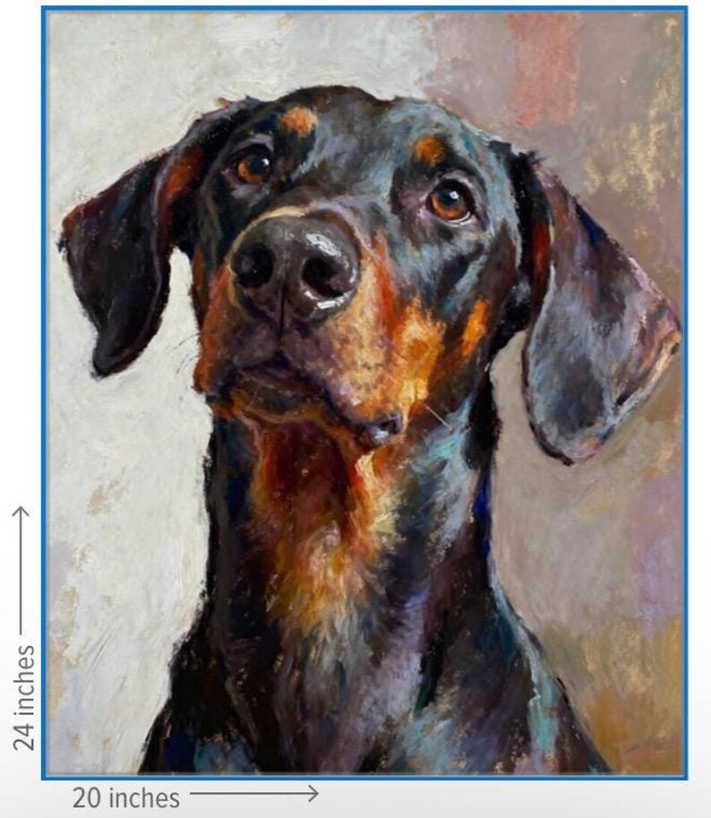 K&ouml;nnte beinhalten: Ein &Ouml;lgem&auml;lde eines Dobermanns mit schwarzem und lohfarbenem Fell, das durch sichtbare Pinselstriche und eine strukturierte Oberfl&auml;che besticht. Das Kunstwerk misst 50,8 cm in der Breite und 60,96 cm in der H&ouml;he, wie durch Text und Pfeile belegt.