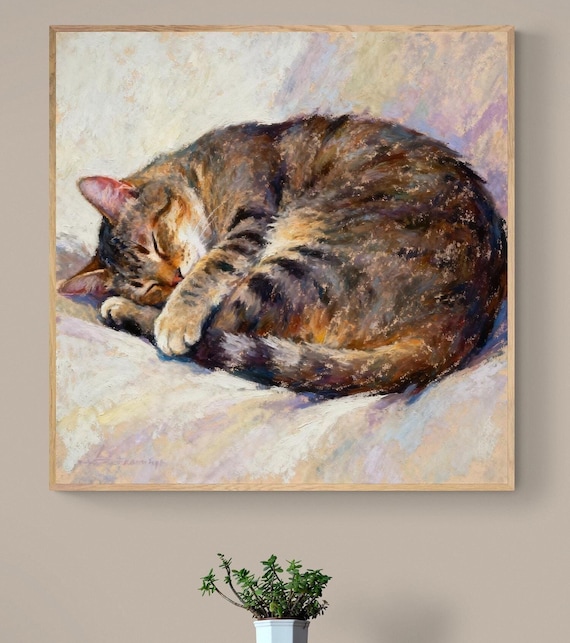 Sleeping Cat Art Print, Oil Pastel Portrait on Canvas or Framed Decor