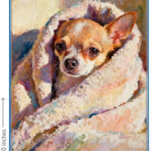 K&ouml;nnte beinhalten: Ein Chihuahua-Hund, eingewickelt in eine weiche, pastellfarbene Decke. Der Hund hat braunes und wei&szlig;es Fell, dunkle Augen und einen fokussierten Blick. Das Kunstwerk ist 25 cm hoch und 20 cm breit.