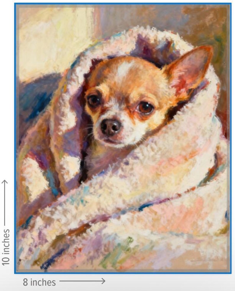 K&ouml;nnte beinhalten: Ein Chihuahua-Hund, eingewickelt in eine weiche, pastellfarbene Decke. Der Hund hat braunes und wei&szlig;es Fell, dunkle Augen und einen fokussierten Blick. Das Kunstwerk ist 25 cm hoch und 20 cm breit.