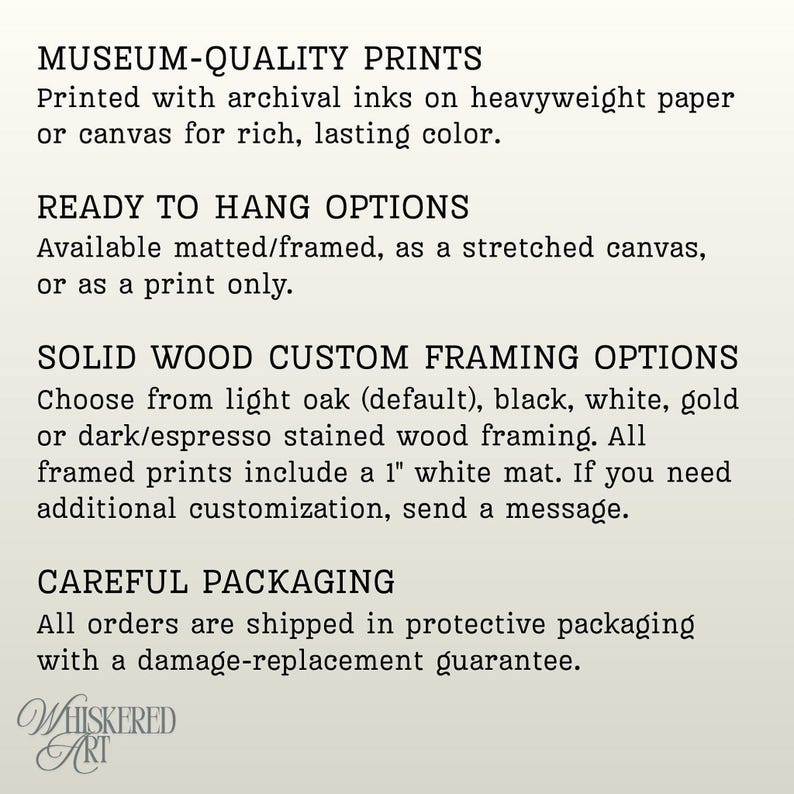 Text on a white background describes product features: "Museum-Quality Prints," "Ready to Hang Options," "Solid Wood Custom Framing Options," and "Careful Packaging."