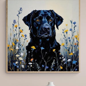Black Lab Portrait Print: Labrador Retriever Painting with Wildflowers