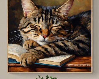 Tabby Cat Sleeping Fine Art Print | Painting | Wall Decor | Gifts for Cat Lovers | Heavy Cardstock Paper | Optional Framing