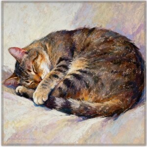 May include: An oil painting of a brown and black tabby cat curled into a tight ball while sleeping. The cat has dark stripes across its fur, with visible brushstrokes in shades of tan, brown, and charcoal gray against a light, textured background.