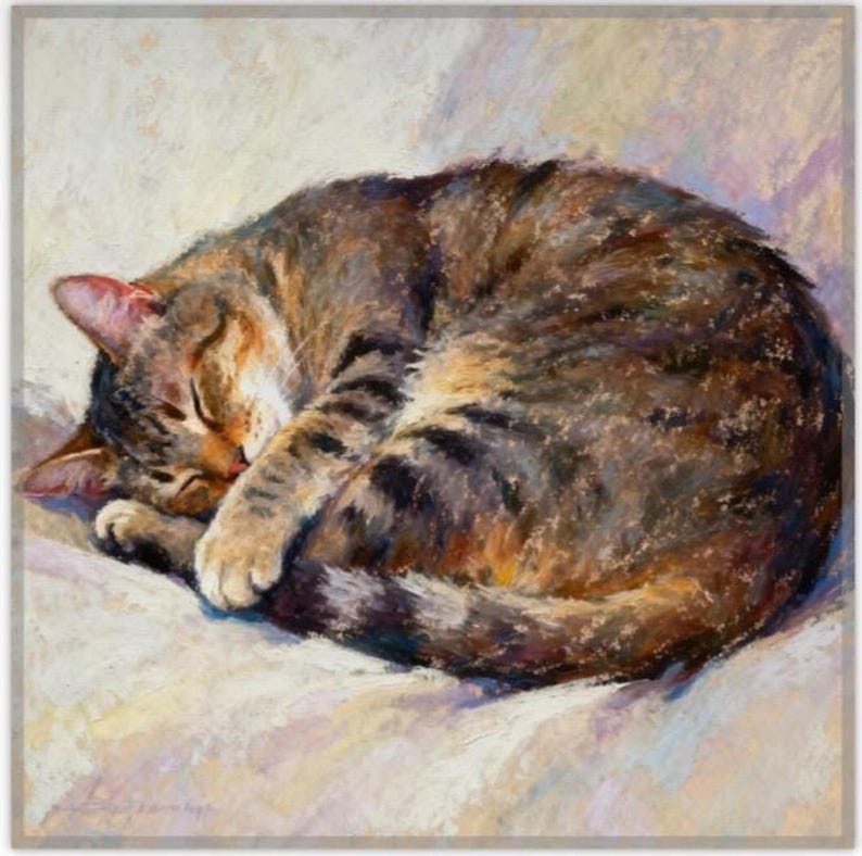 May include: An oil painting of a brown and black tabby cat curled into a tight ball while sleeping. The cat has dark stripes across its fur, with visible brushstrokes in shades of tan, brown, and charcoal gray against a light, textured background.