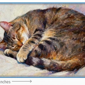 May include: An oil painting of a brown and black tabby cat curled up while sleeping. The cat has dark stripes and a light-colored face. The artwork is rectangular and measures 5 inches in height by 7 inches in width as indicated by the text.