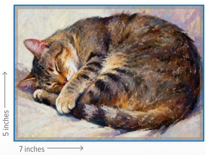 May include: An oil painting of a brown and black tabby cat curled up while sleeping. The cat has dark stripes and a light-colored face. The artwork is rectangular and measures 5 inches in height by 7 inches in width as indicated by the text.