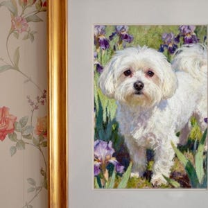 Maltese Art Print, Oil Pastel White Dog Portrait with Purple Irises