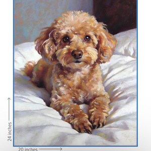 May include: A framed artwork featuring a light brown poodle lying on a white pillow. The dog has dark eyes and a fluffy coat. The artwork is 20 inches wide and 24 inches tall.
