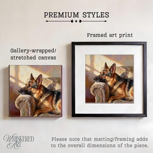 Text graphic showing two options, a gallery-wrapped canvas and a black framed art print of the German Shepherd.