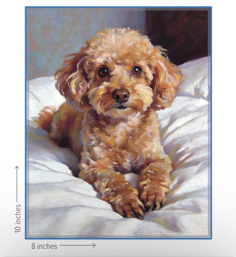 May include: A detailed painting of a brown poodle lying on a white pillow. The artwork is 10 inches high and 8 inches wide. The dog has a fluffy coat and is looking directly at the viewer. The background is a soft, muted color.