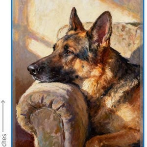 May include: An oil painting of a German Shepherd dog resting its head on the arm of a chair. The dog has black and tan fur and is looking to the left. The artwork measures 7 inches in height and 5 inches in width, as indicated by the labels.
