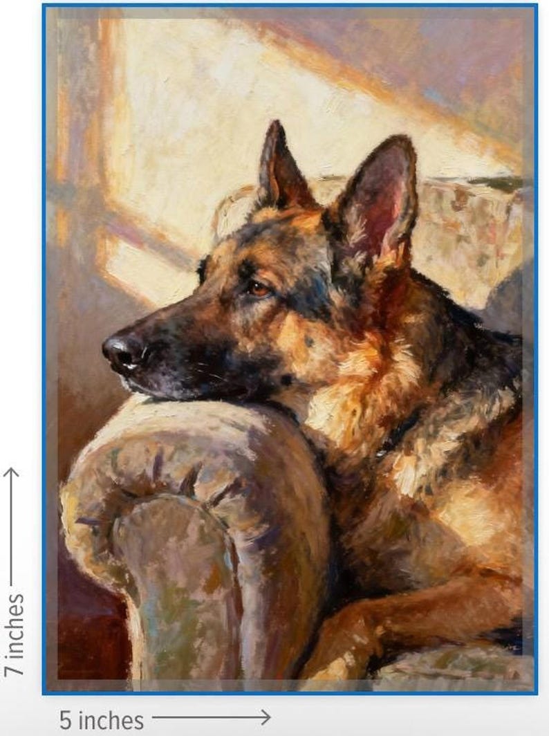 May include: An oil painting of a German Shepherd dog resting its head on the arm of a chair. The dog has black and tan fur and is looking to the left. The artwork measures 7 inches in height and 5 inches in width, as indicated by the labels.