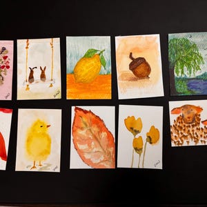 May include: A collection of watercolor paintings on small rectangular cards. The paintings depict various subjects, including flowers, rabbits on a swing, a lemon, an acorn, a landscape, a red leaf, a chick, and sheep. Each painting has a unique style.