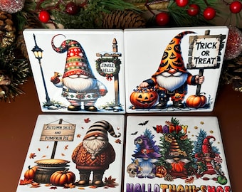 Ceramic Coaster Set | 4 Fall and Winter Holiday Gnome Coasters | Gift under 15