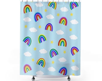 Cortinas de ducha con arcoíris y nubes, decoración de baño, cortina de ducha colorida, baño para niños, decoración del hogar