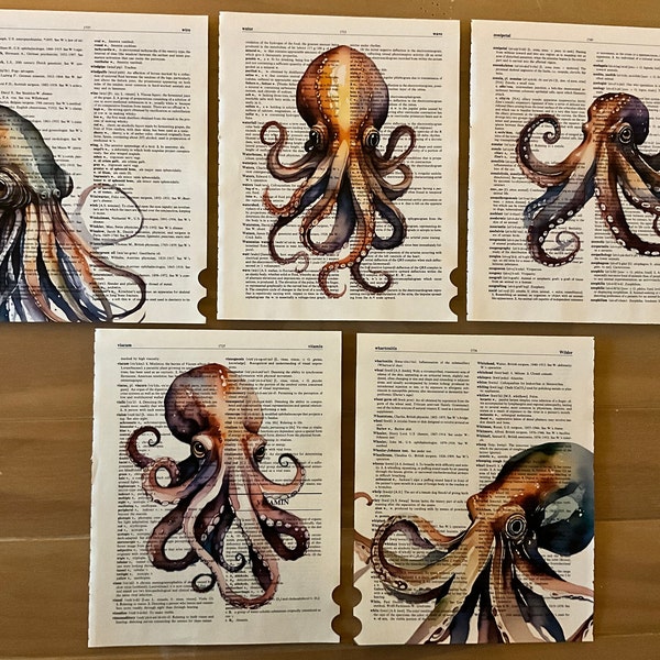 Octopus Kraken dictionary prints, octopus themed dictionary art, prints on vintage dictionary paper