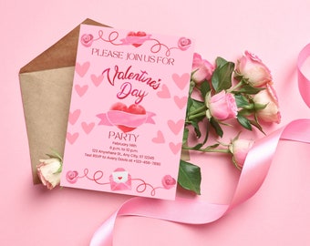 Valentine Day Invitation pink and red hearts Invite Any event Valentine's Day Dinner Invite Brunch party Editable Printable Download VaI5