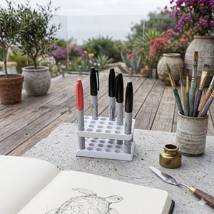 以下が含まれることがあります： 黒い Sharpie マーカーと赤いマーカーが入った白いプラスチック製のペン立て。筆が入った陶器のカップ、小さな真鍮の瓶、パレットナイフもテーブルにあります。カメの絵が描かれたスケッチブックが前景にあります。