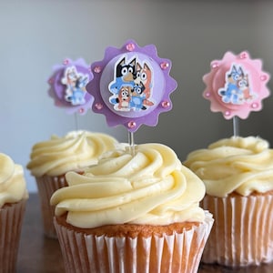 12 Bluey Cupcake Toppers, Custom Party Decorations, Kids Birthday Party, Cartoon Cupcake Picks, Bluey Themed Party Supplies