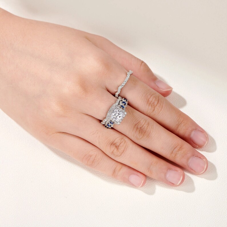 3 Piece Bridal Set, Wedding Ring Set for Women, 2.6ct Princess Cut White Blue CZ Diamond Luxury